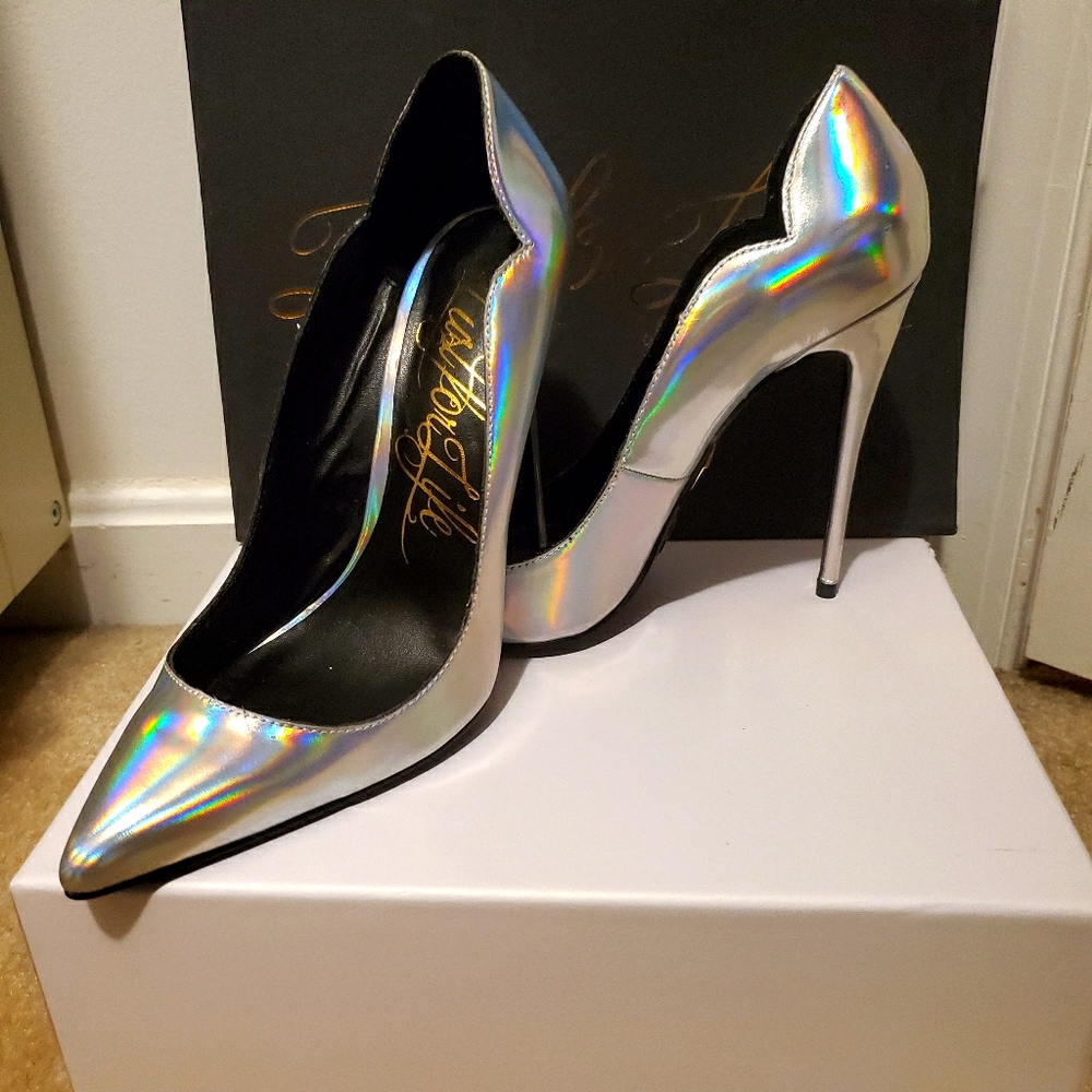 Iridescent silver genuine leather heels